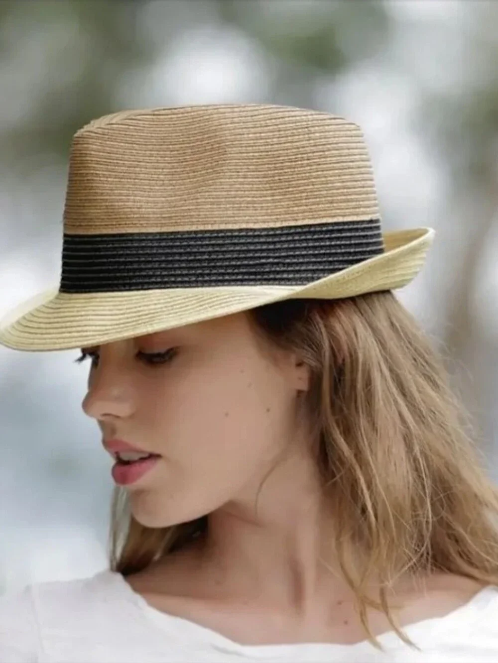 WALLAROO Trilby Two-Tone Paper Braid Fedora Hat Black Band Adjustable UPF50